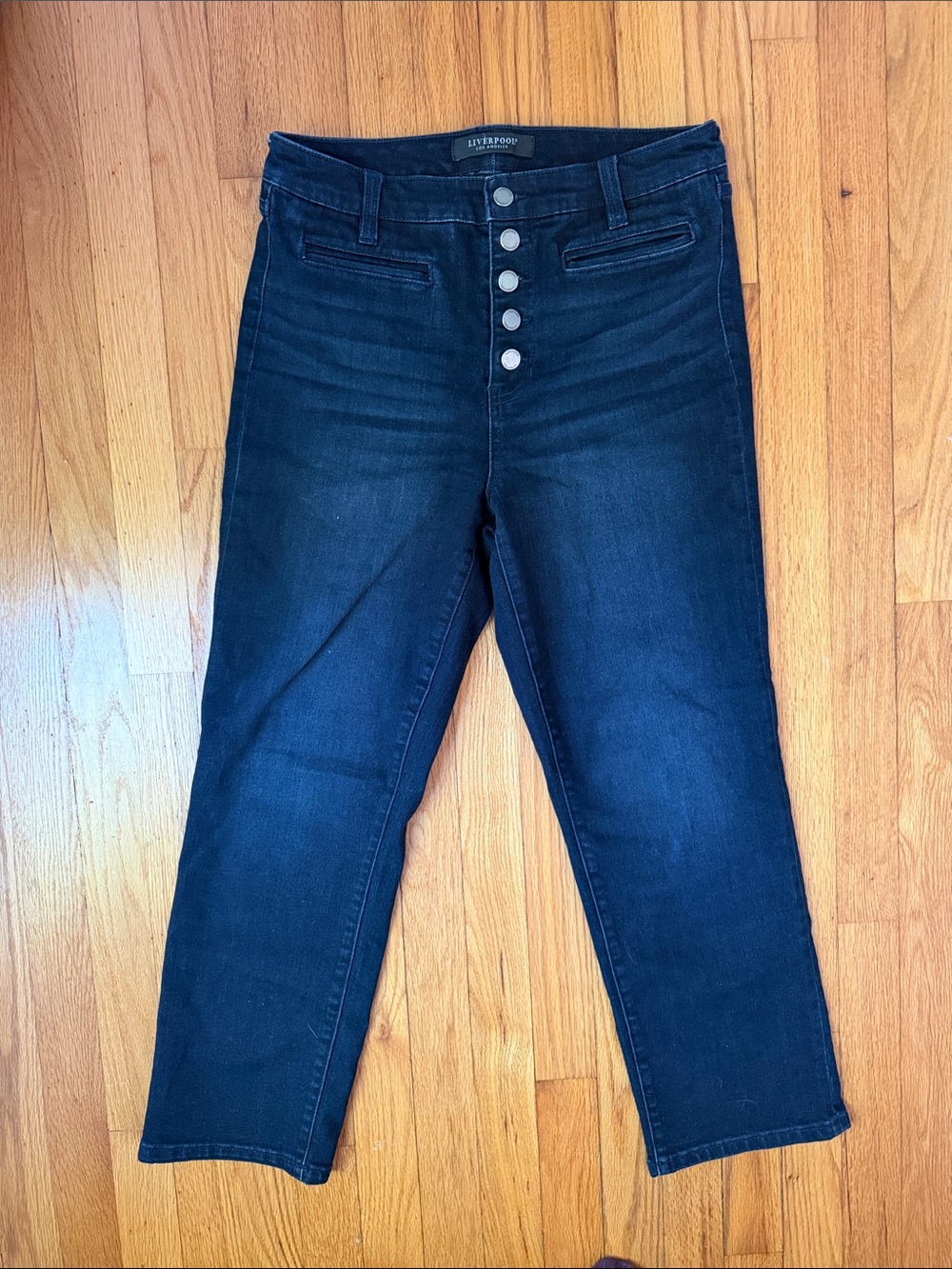 Liverpool Dark Blue High-Rise Button-Front Cropped Jeans